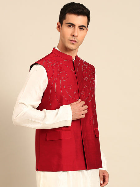 Red Silk Cotton Modi Jacket -  MMWC0235