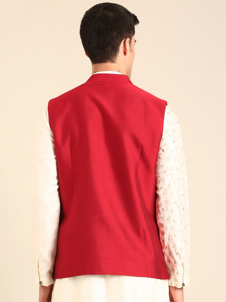 Red Silk Cotton Nehru Jacket  -  MMWC0235