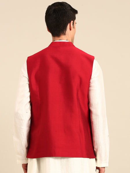 Red Silk Cotton Modi Jacket -  MMWC0235