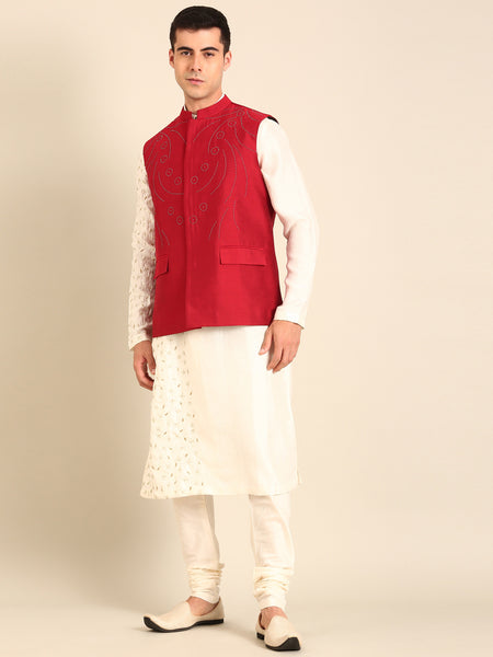 Red Silk Cotton Nehru Jacket  -  MMWC0235