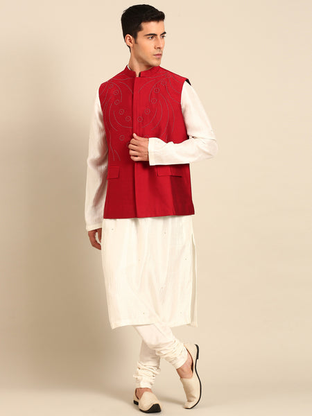 Red Silk Cotton Modi Jacket -  MMWC0235