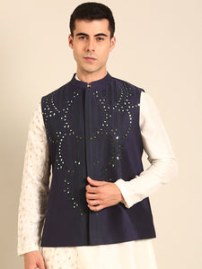 Blue Silk Cotton Nehru Jacket  -  MMWC0236