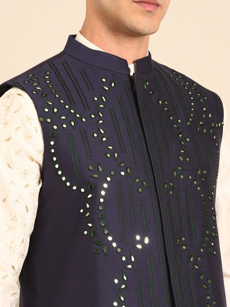 Blue Silk Cotton Nehru Jacket  -  MMWC0236
