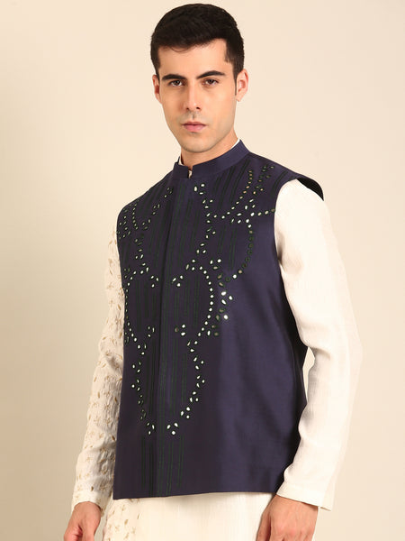 Blue Silk Cotton Nehru Jacket  -  MMWC0236