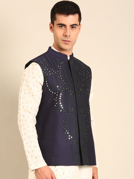Blue Silk Cotton Nehru Jacket  -  MMWC0236