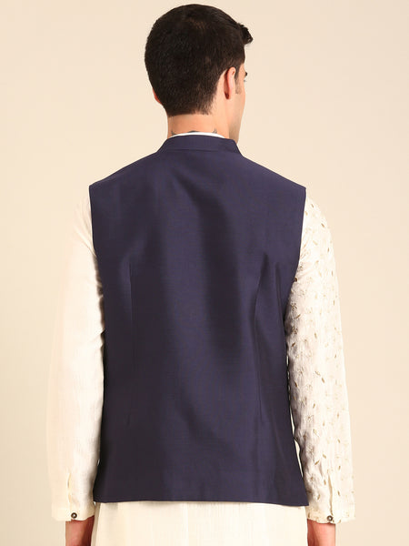 Blue Silk Cotton Nehru Jacket  -  MMWC0236