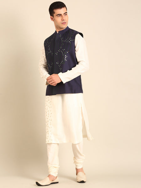 Blue Silk Cotton Nehru Jacket  -  MMWC0236
