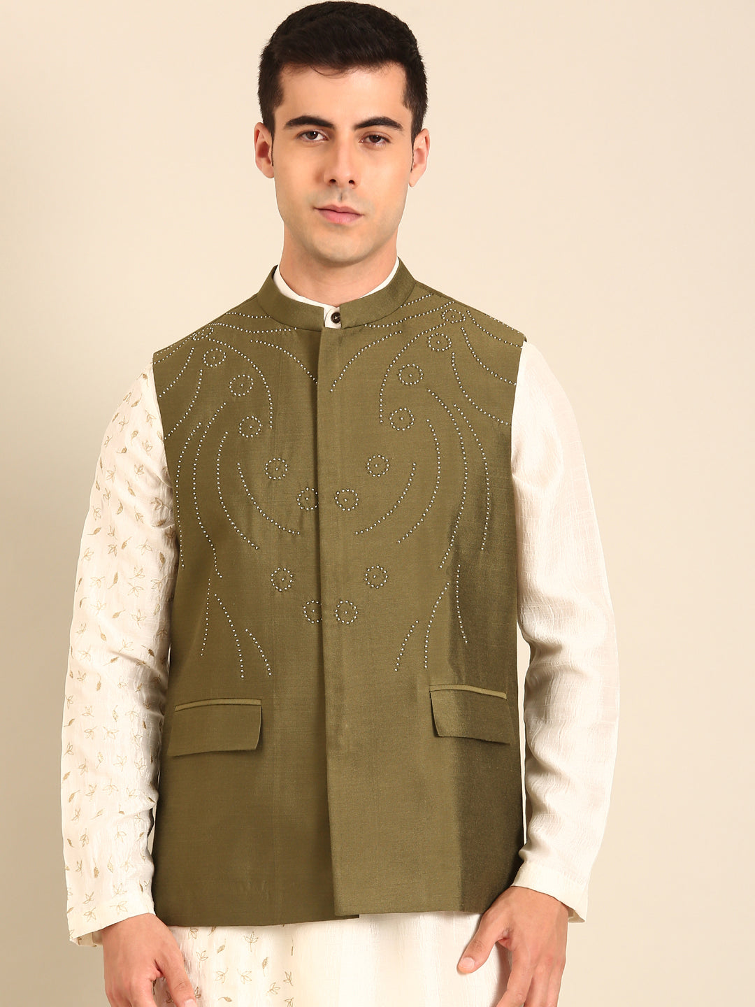 Green Silk Cotton Nehru Jacket   -  MMWC0237