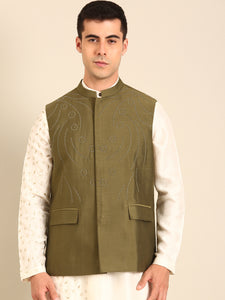 Green Silk Cotton Nehru Jacket   -  MMWC0237
