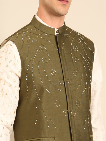 Green Silk Cotton Nehru Jacket   -  MMWC0237