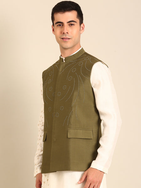 Green Silk Cotton Nehru Jacket   -  MMWC0237