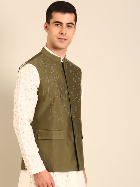 Green Silk Cotton Nehru Jacket   -  MMWC0237