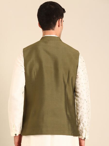 Green Silk Cotton Nehru Jacket   -  MMWC0237
