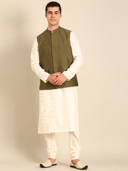 Green Silk Cotton Nehru Jacket   -  MMWC0237