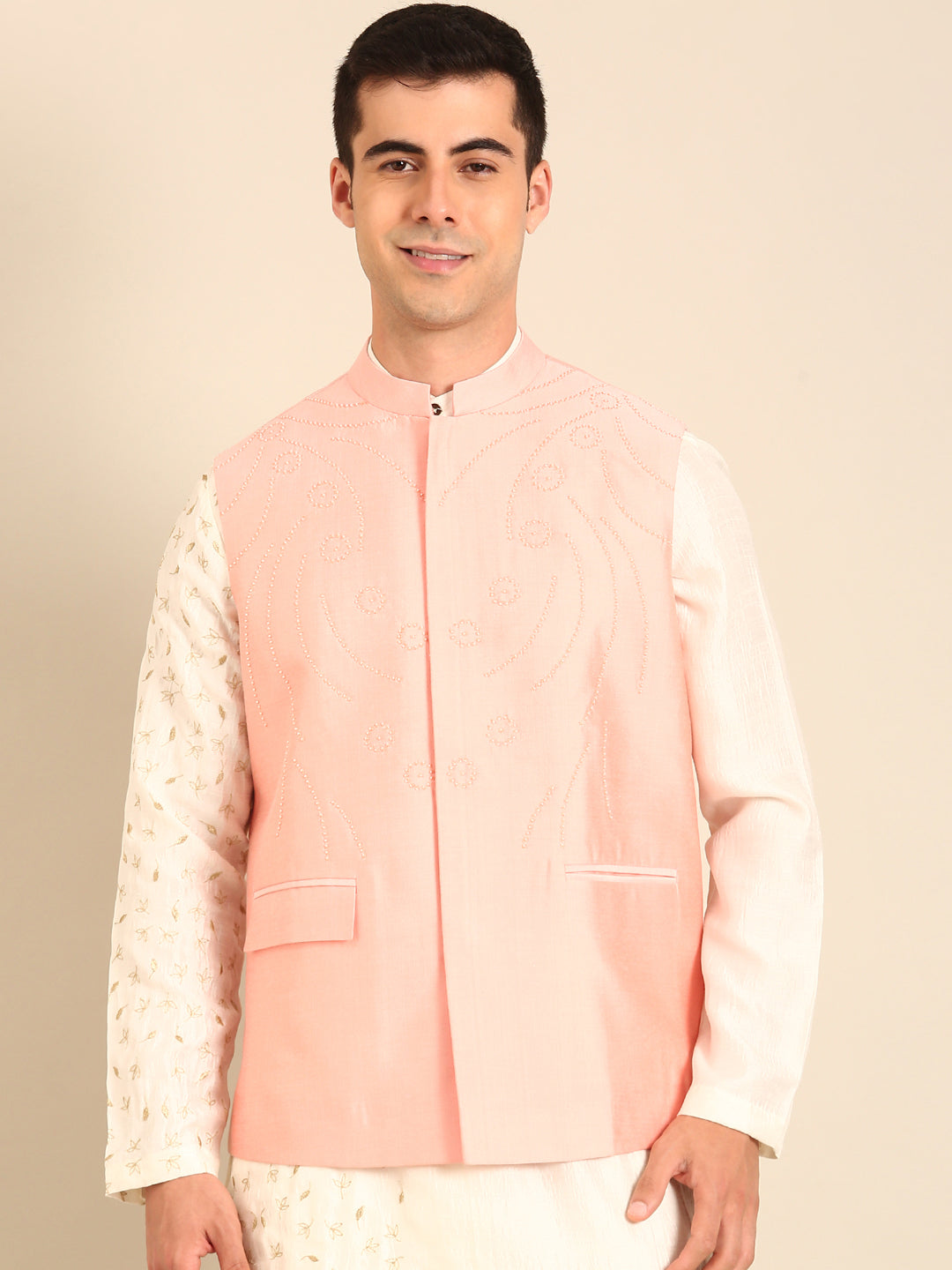 Baby Pink Silk Cotton Nehru Jacket  -  MMWC0238