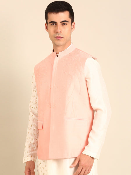 Baby Pink Silk Cotton Nehru Jacket  -  MMWC0238