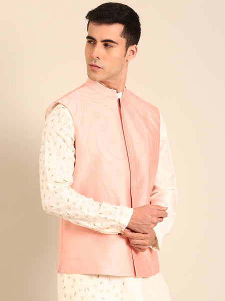 Baby Pink Silk Cotton Nehru Jacket  -  MMWC0238