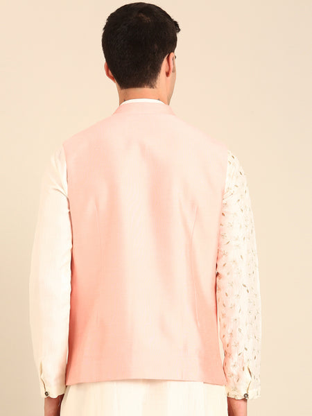 Baby Pink Silk Cotton Nehru Jacket  -  MMWC0238