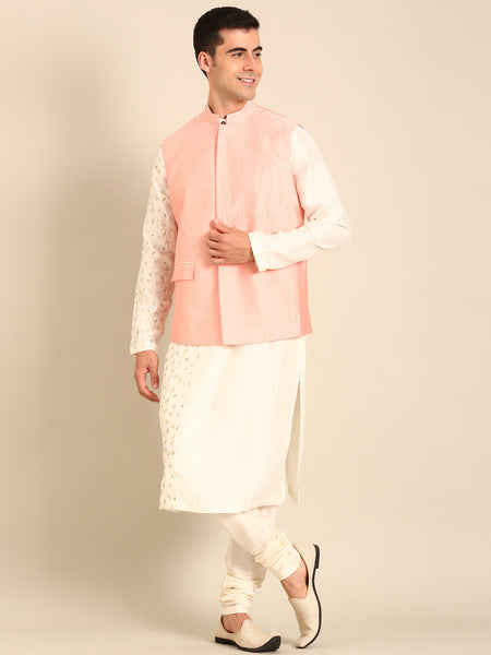 Baby Pink Silk Cotton Nehru Jacket  -  MMWC0238