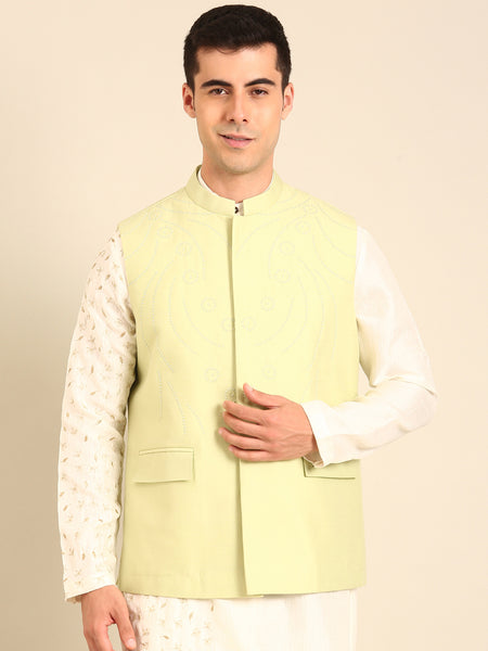 Pista Green Silk Cotton Nehru Jacket  -  MMWC0239