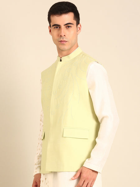 Pista Green Silk Cotton Nehru Jacket  -  MMWC0239