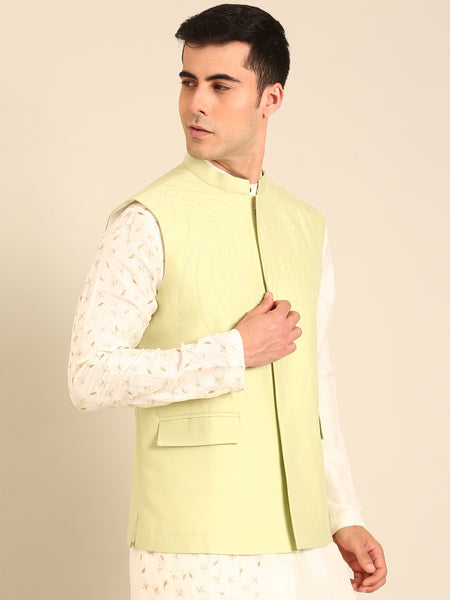 Pista Green Silk Cotton Nehru Jacket  -  MMWC0239