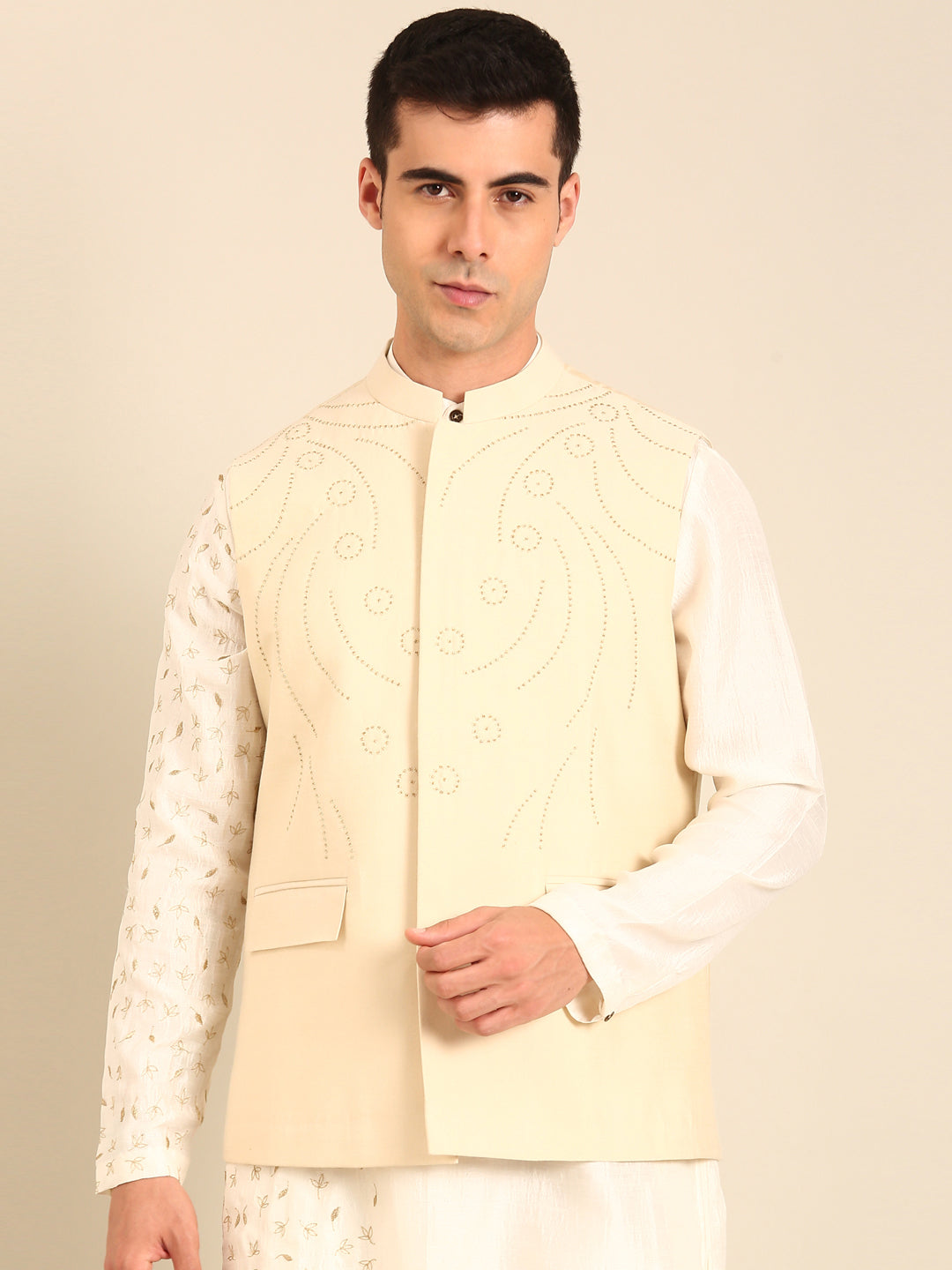 Beige Silk Cotton Nehru Jacket  -  MMWC0240