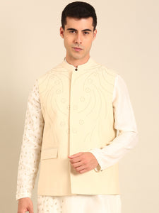 Beige Silk Cotton Nehru Jacket  -  MMWC0240