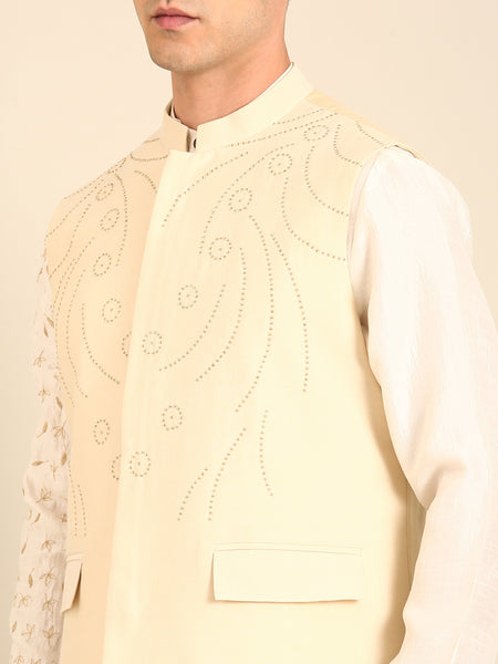 Beige Silk Cotton Nehru Jacket  -  MMWC0240