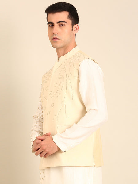 Beige Silk Cotton Nehru Jacket  -  MMWC0240