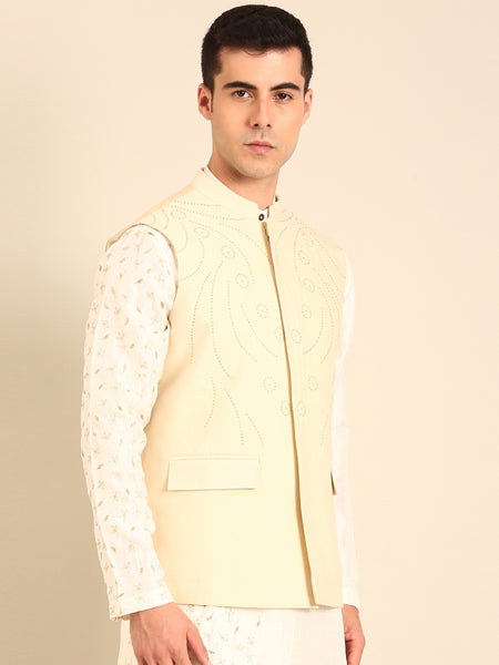 Beige Silk Cotton Nehru Jacket  -  MMWC0240