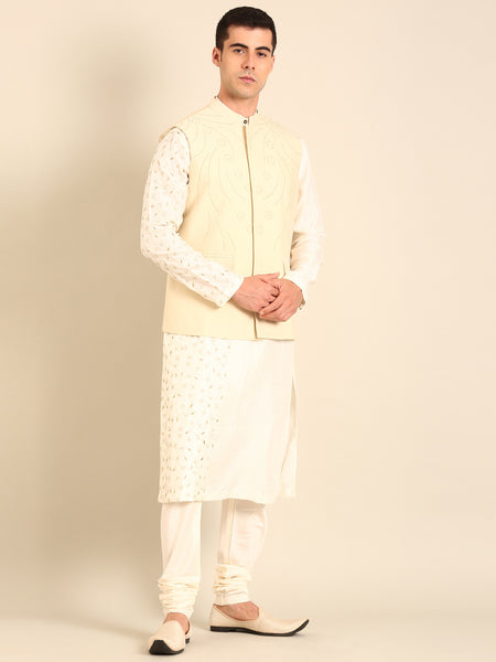 Beige Silk Cotton Nehru Jacket  -  MMWC0240