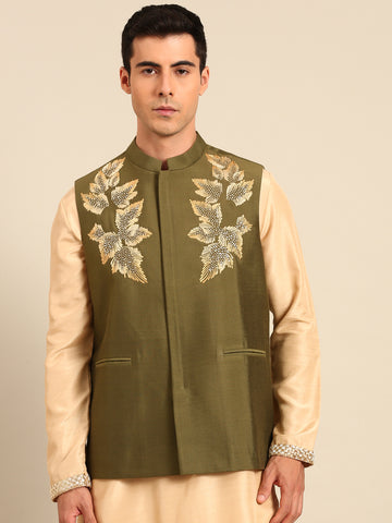 Mehendi Green Silk Cotton Modi Jacket - MMWC0242