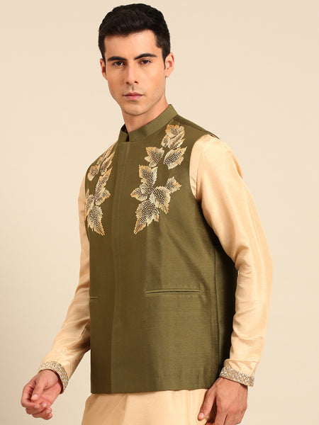 Mehendi Green Silk Cotton Modi Jacket - MMWC0242