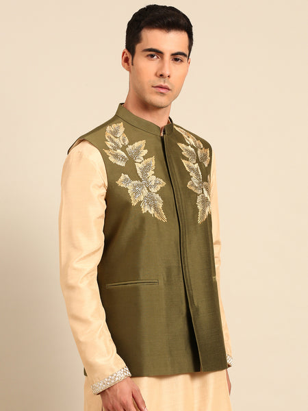 Mehendi Green Silk Cotton Modi Jacket - MMWC0242
