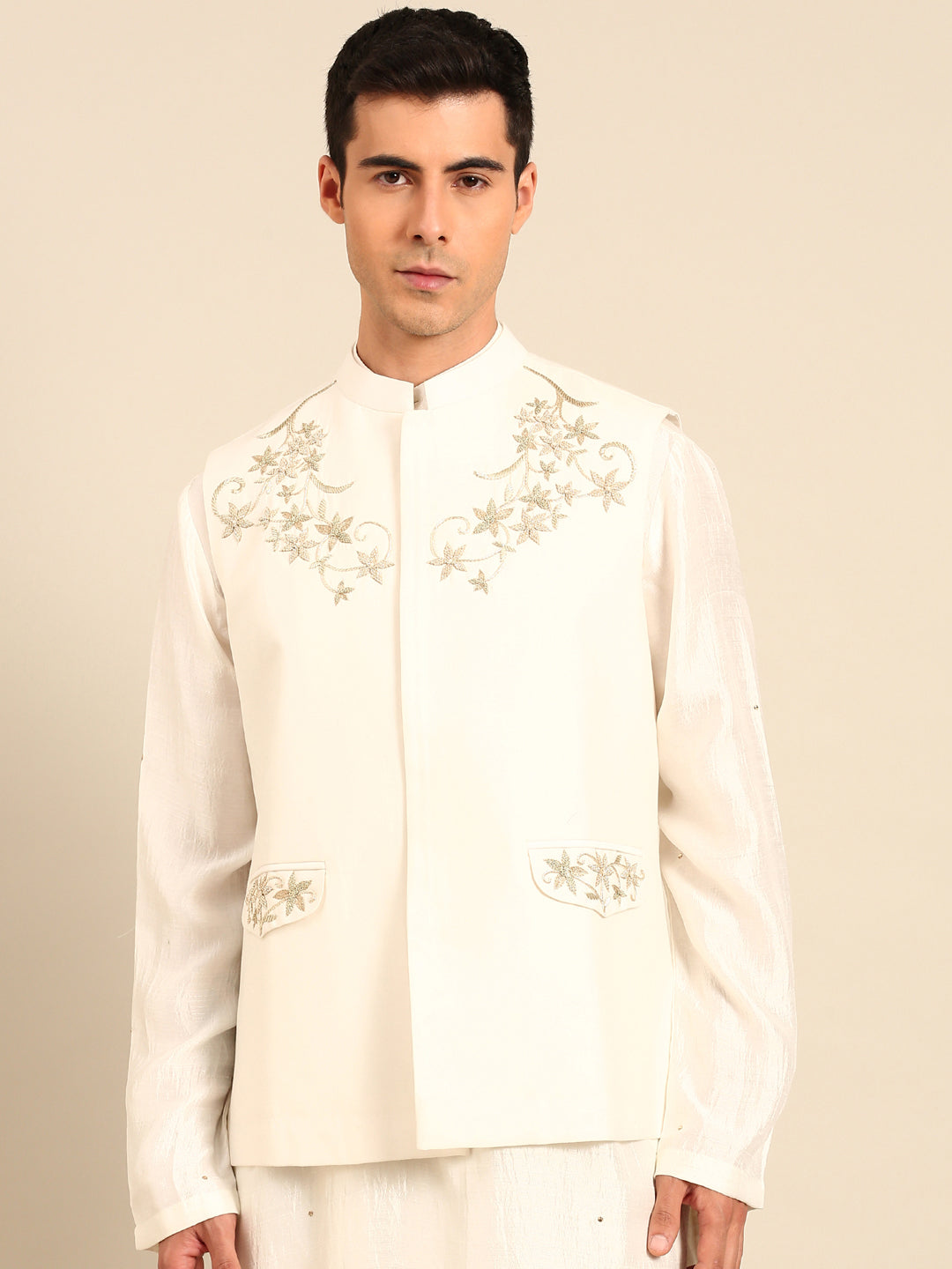 Ivory Silk Cotton Modi Jacket - MMWC0244
