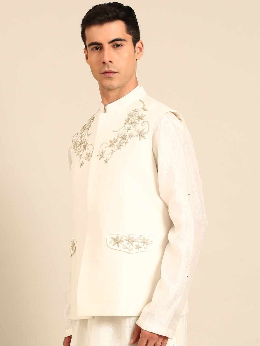 Ivory Silk Cotton Modi Jacket (Pearl & Gold)- MMWC0244 – Mayank Modi ...