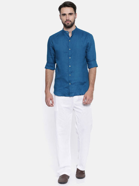 Blue Linen Chinese Collar Shirt - MM0697