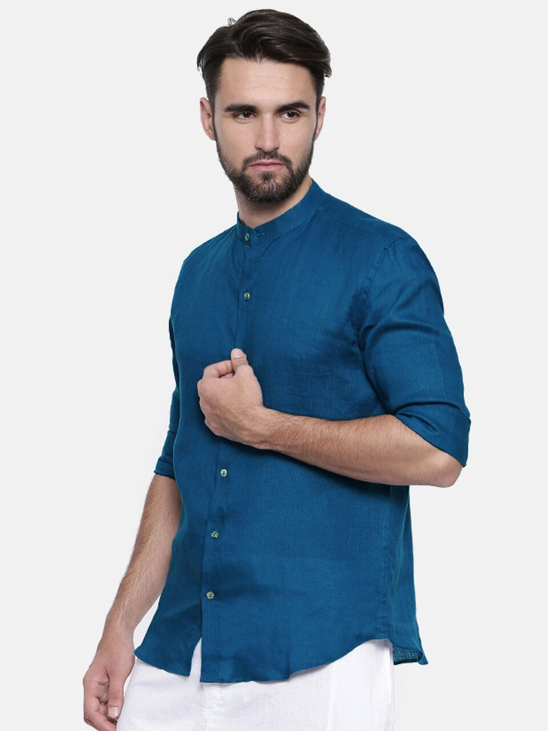 Blue Linen Chinese Collar Shirt Blue Linen Chinese Collar Shirt