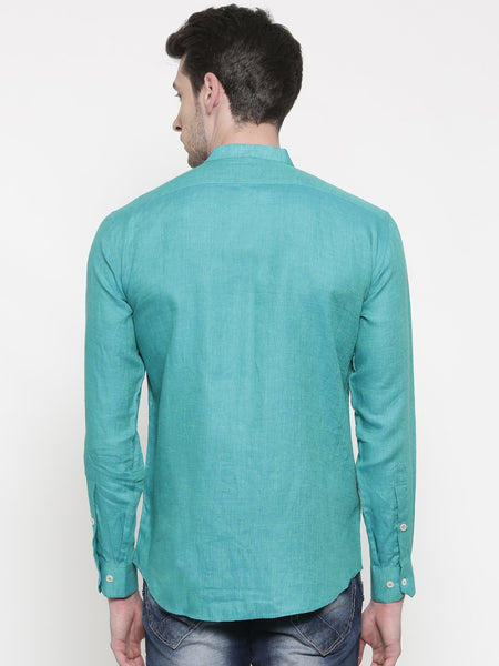 Aqua Blue Linen Mandarin Collar Shirt - MM0680