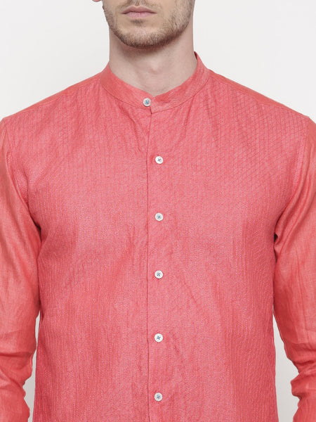Tomato Red Linen Mandarin Collar Shirt - MM0681