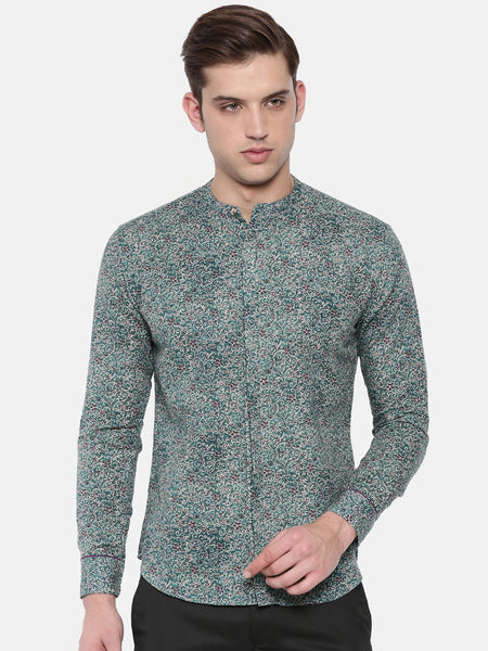 Green Linen Paisly Printed Shirt - MM0712