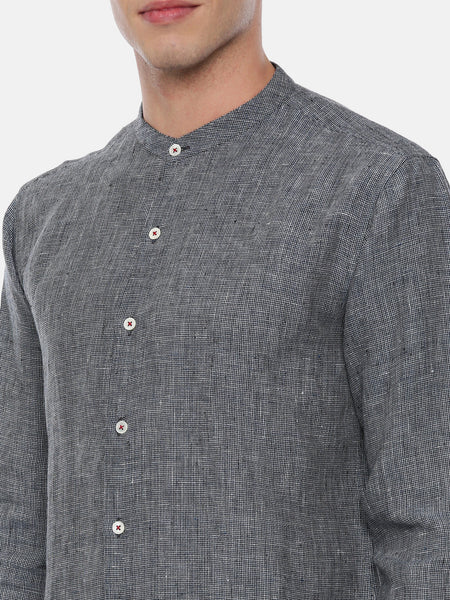 Blue Linen Classic Chinese Collar Shirt - MM0741