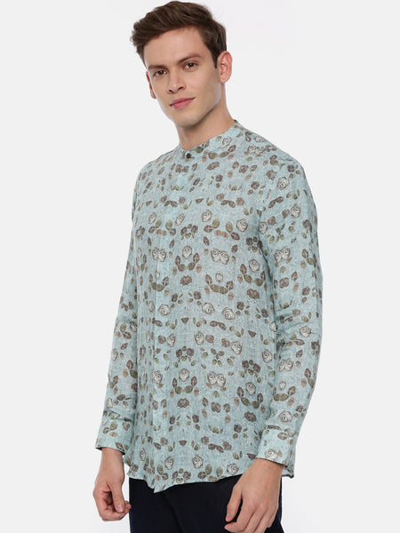 Aqua Blue Prinetd Linen Shirt - MM0770