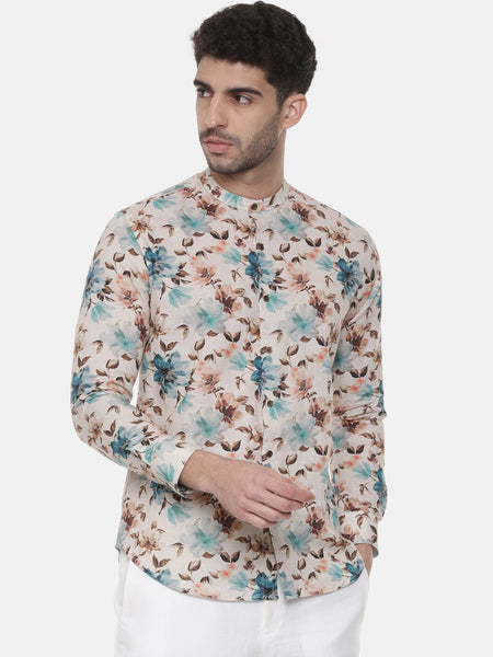 Blue Brown Floral Linen Shirt - MM0791