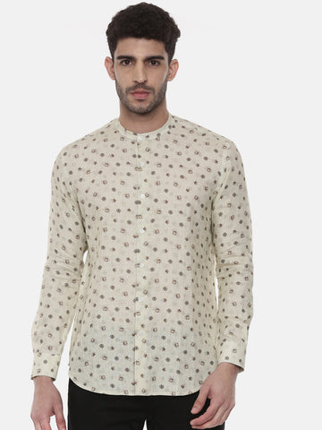 Beige Green Linen Printed Shirt - MM0792