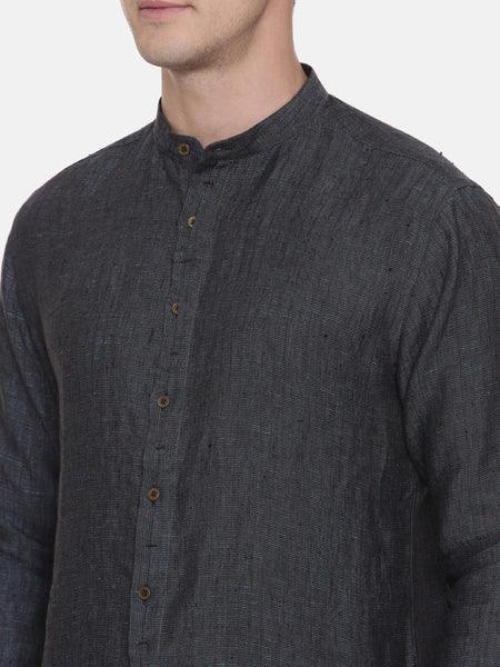 Deep Blue Chinese Collar Linen Shirt - MM0803