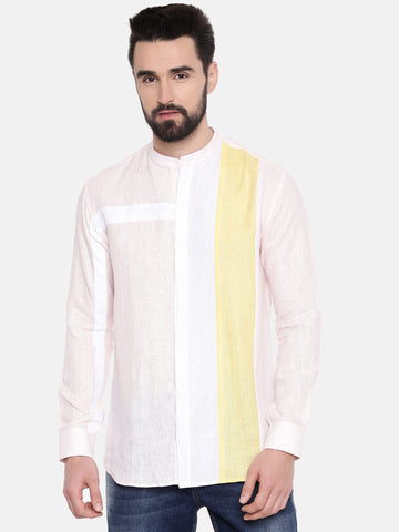 White Yellow Linen Chinese Collar Shirt - MM0810