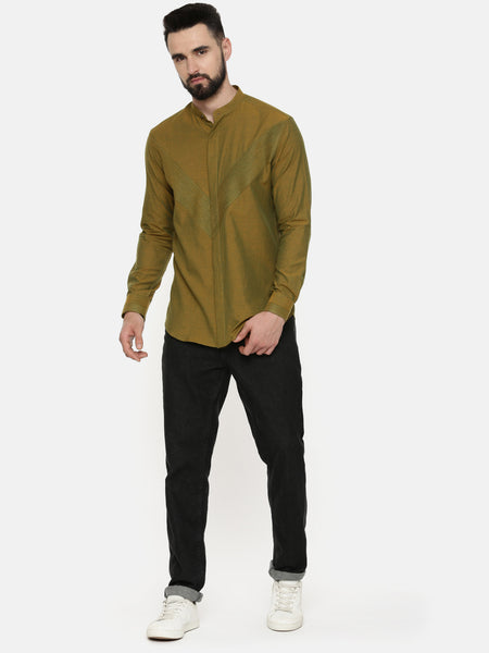 Mustard Green Pintuck Cotton Shirt - MM0819