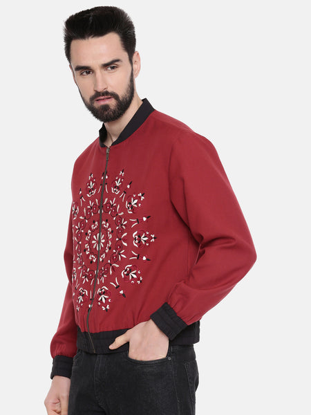 Mandala Embroidery Red Bomber Jacket - MMBJ010